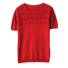 夏季新款圆领半镂空薄款短袖韩版百搭100纯棉女上衣T恤打底针织衫，女装T恤，彩羽羊绒