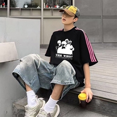 抖音得物品质二开240克宽松纯棉美式潮牌印花三条杠中性风短袖T恤，男装T恤，电商A486-1