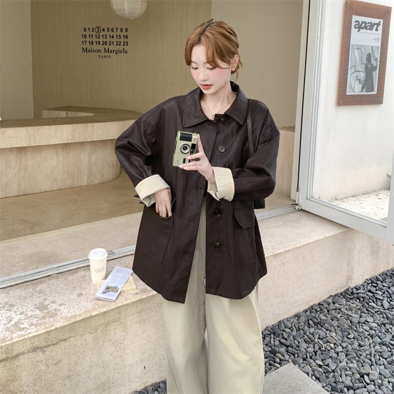 美拉德复古洋气chic皮衣外套女2025早春秋美式复古高级感pu皮夹克,女装皮衣,2C275