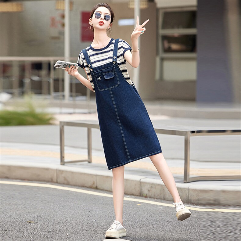 牛仔背带裙套装女夏季2024新款休闲减龄显瘦条纹t恤吊带裙两件套,女装套装/套裙,慧尚依恋