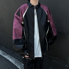 皮夹克男士韩版潮流高街帅拼色美式宽松2024秋冬ins外套W5855-P80，男装夹克，星座412-2