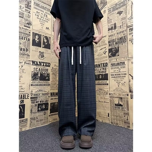 裤子男春秋垂感宽松阔腿裤复古格子裤直筒运动裤休闲裤8442 P38图片