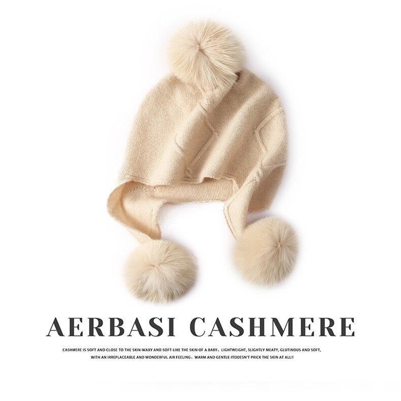 时尚保暖羊绒护耳帽冬季必备菱形图案带球设计柔软舒适，帽子，蒙娇羊绒