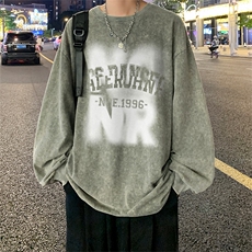 直播品质重磅纯棉美式蜡染水洗做旧潮牌宽松长袖t恤CT296特P38，男装T恤，电商A486
