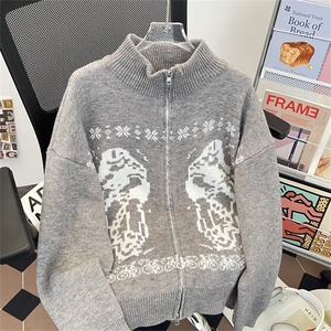 HY0786-P61 秋冬新款重磅立领毛衣男美式双头拉链开衫提花针织衫图片