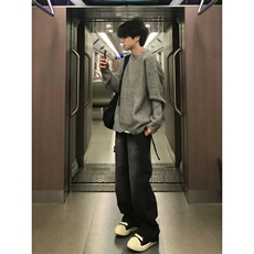 灰色破坏风毛衣男秋冬季潮牌痞帅慵懒cleanfit宽松内搭针织打底衫，男装T恤，四季星座505