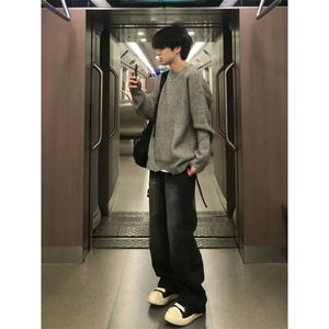 灰色破坏风毛衣男秋冬季潮牌痞帅慵懒cleanfit宽松内搭针织打底衫图片