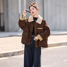 巴恩风羊羔毛翻领麂皮绒白鸭绒羽绒服，女装羽绒服，采品优优