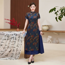 新款盘扣专柜旗袍奥黛连衣裙春季短袖仿真丝绸复古风2025，女装汉服/婚纱/旗袍/礼服，小荷流