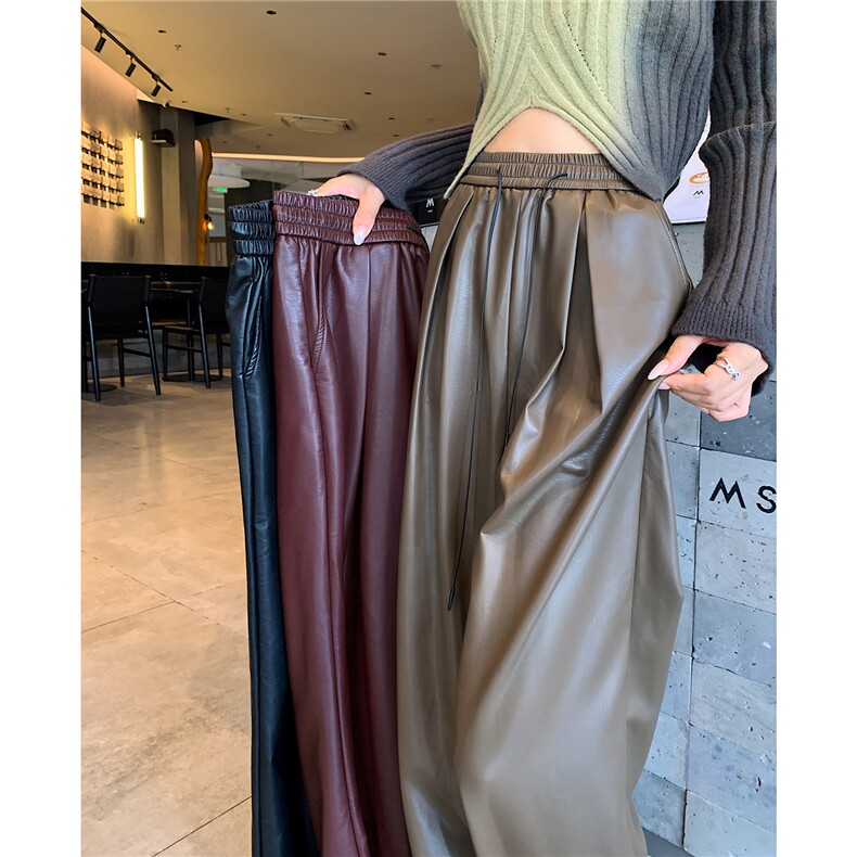 皮裤女2024秋季新款高腰休闲裤软皮PU皮潮酷拖地阔腿裤子,女装休闲裤,梦白服饰厂