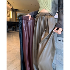 皮裤女2024秋季新款高腰休闲裤软皮PU皮潮酷拖地阔腿裤子，女装休闲裤，梦白服饰厂