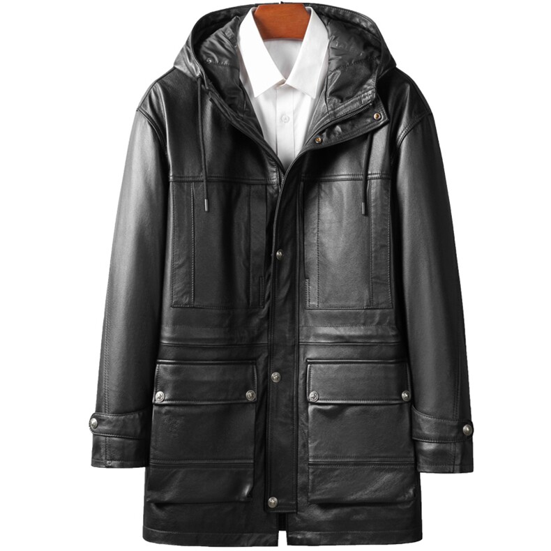 W5009海宁皮衣男头层牛皮白鸭绒羽绒服中长款连帽皮夹克P880,男装皮衣,电商B360