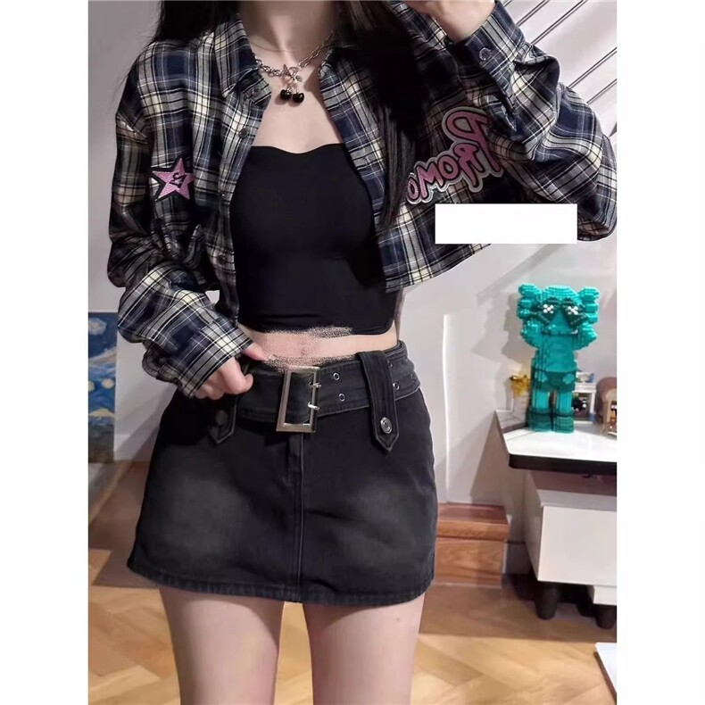 GeGeSleepy甜辣复古格子衬衫女刺绣字母藏蓝色早秋短款衬衣外套，男装衬衫，星座506A