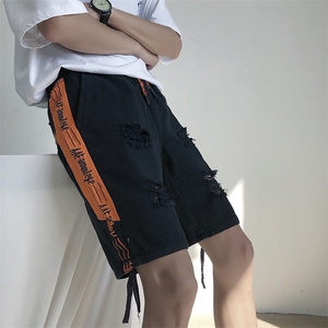 夏季新款港风中裤宽松休闲裤短裤 牛仔裤男 松紧腰五分裤D/图片