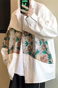 港风长袖衬衣男情侣大码M-5XL中性风刺绣潮长袖衬衫男CS9743P50图片