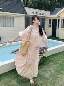 法式小资泡泡袖粉色连衣裙配上衣套装女夏超火好看绝美长裙两件套图片