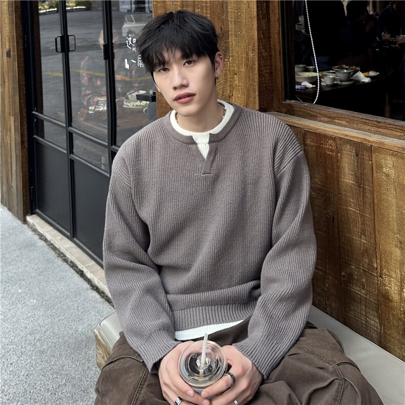 小V领纯色毛衣男秋季韩版宽松慵懒风套头针织衫上衣情侣,男装针织衫/毛衣,电商C307