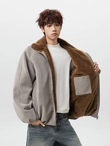 美式仿兔毛加厚棉衣服男冬季宽松保暖PU皮机车外套图片