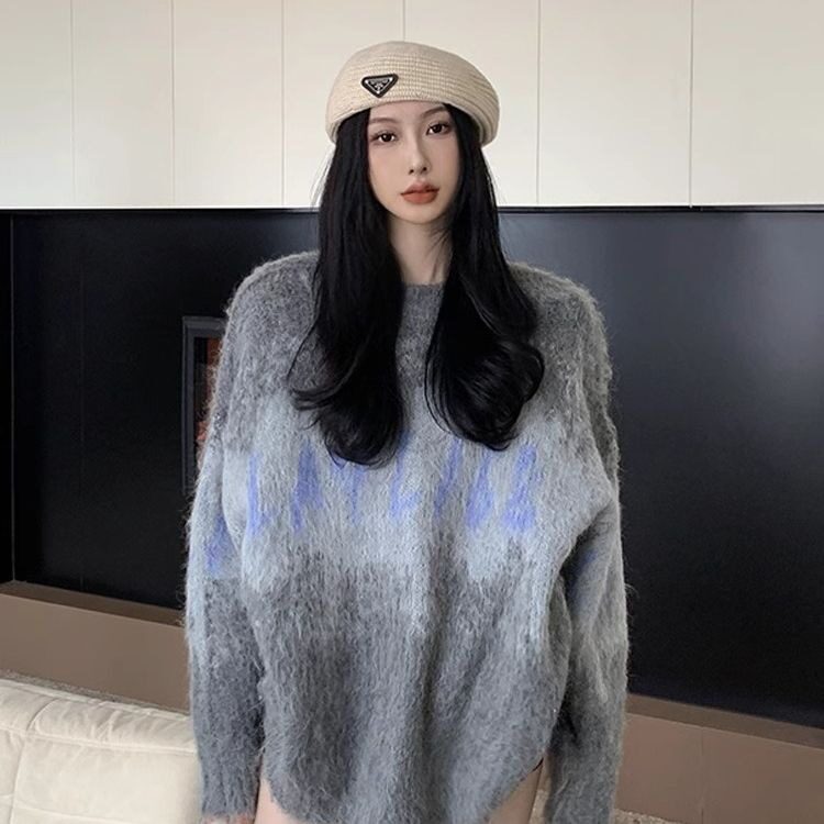 美式复古马海毛渐变色毛衣女冬季宽松慵懒加厚套头针织衫上衣秋冬,男装针织衫/毛衣,星座506A