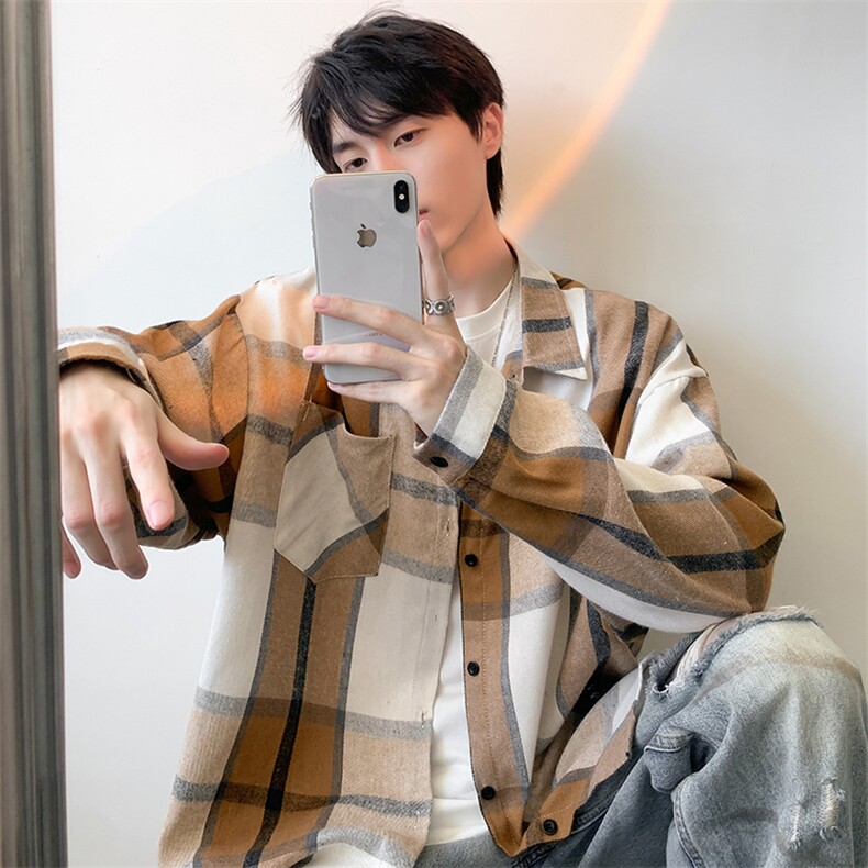 衬衫男秋季新款港风宽松大码磨毛格子长袖衬衣CS6636-特P29，男装衬衫，星座214-3