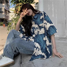复古港味宽松印花短袖衬衫女夏季ins潮流沙滩衬衣百搭休闲上衣服，男装T恤，星座506A