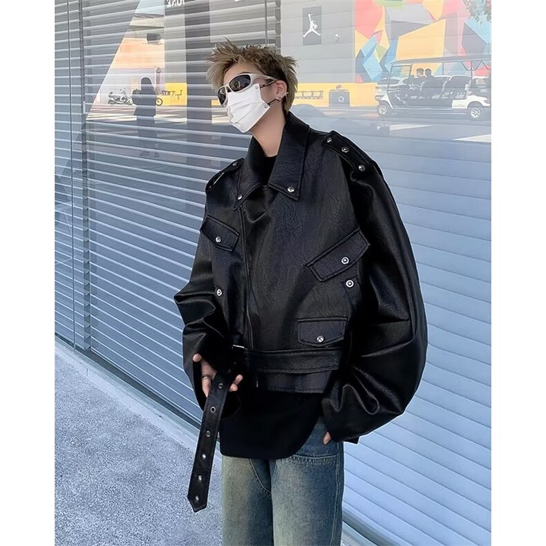 黑色PU皮衣夹克男士春秋季复古铆钉机车服设计小众短款皮外套潮,男装皮衣,星座601-1
