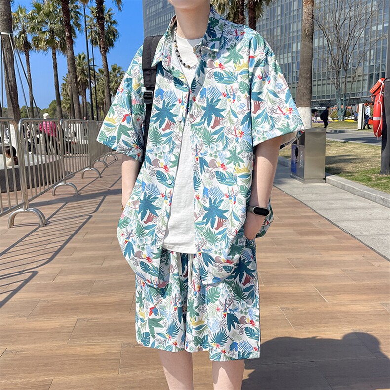 热带植物沙滩套装宽松花衬衫男短袖两件套TZ882/880衣35裤23/TP58图片