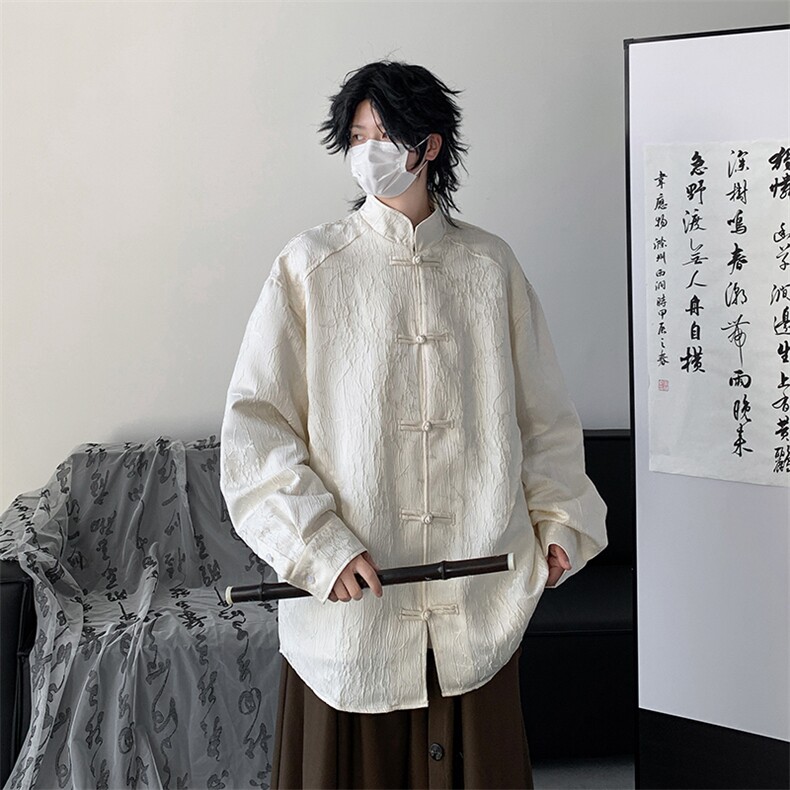 新中式立领提花衬衫男长袖风唐装肌理外套盘扣衬衣CS4542P55,男装衬衫,星座1013-1