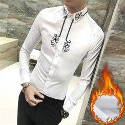 18秋新款男青年长袖加绒加厚修身刺绣花纯色韩版潮工服W0324-P65，男装衬衫，星座419（原A233）