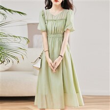 法式连衣裙女夏季2025新款高级感气质收腰显瘦泡泡袖高端天丝裙子,女装连衣裙,魅丽静蓝