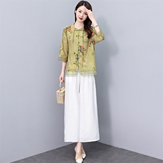 天丝复古花色休闲薄套装女2025夏季新款大码宽松高腰阔腿裤两件套，女装套装/套裙，魅影