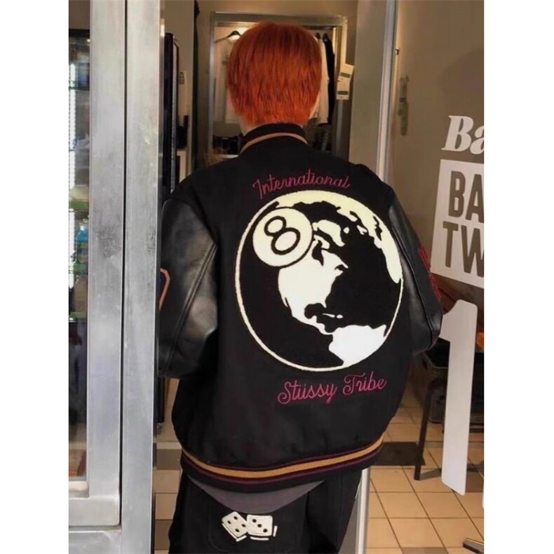 毛呢皮袖刺绣棒球服秋冬季年新款风高街男女同款嘻哈外套 JS08图片