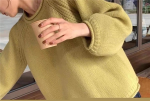 卷边圆领100%纯羊毛衫女加厚宽松慵懒风针织毛衣百搭羊绒打底上衣图片