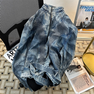 复古做旧解构腰带设计牛仔外套立领夹克JK08955-P88有垫肩送腰带图片