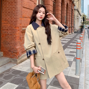 卡其色复古撞色格纹拼接风衣外套女春秋2025新款独特超好看高级感图片