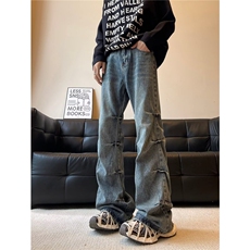 【有货】DN8015-P55美式侧边褶皱水洗做旧微喇叭牛仔裤男复古裤，男装牛仔裤，星座603-2