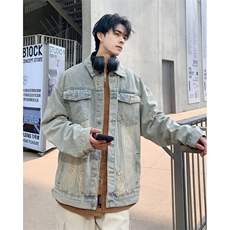 黄泥色破洞牛仔外套男春秋款潮牌痞帅高级感夹克美式复古潮流炸街，男装夹克，星座1013