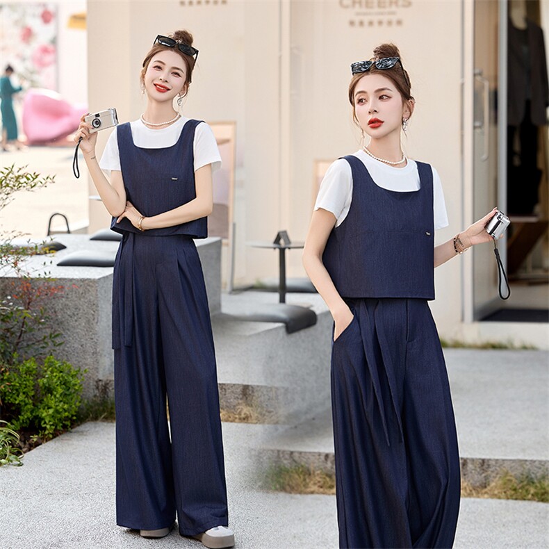独特设计感天丝牛仔背心T恤阔腿裤套装三件套女夏季韩系通勤气质，女装套装/套裙，秀美人生