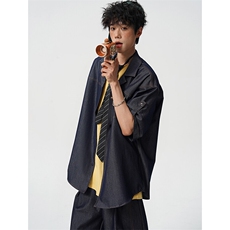 8XL-M夏季简约高级感冰丝牛仔古巴领男休闲痞帅宽松套装潮TZ109，男装休闲套装，电商D206-1
