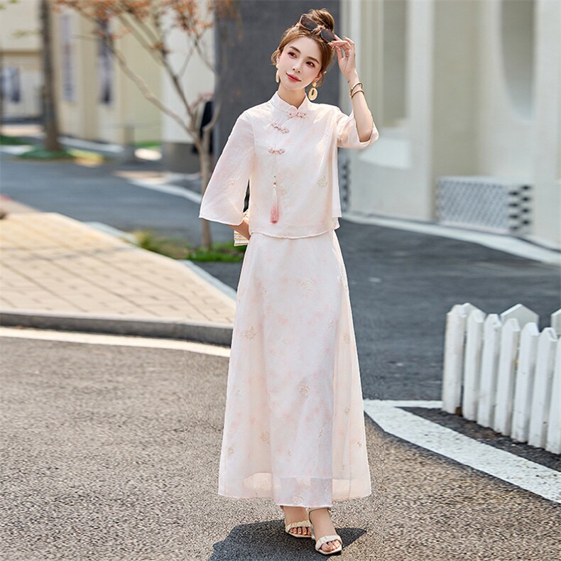 新中式国风刺绣套装裙女2025夏新款复古盘扣改良旗袍半身裙两件套,女装套装/套裙,英标秀（1C119）