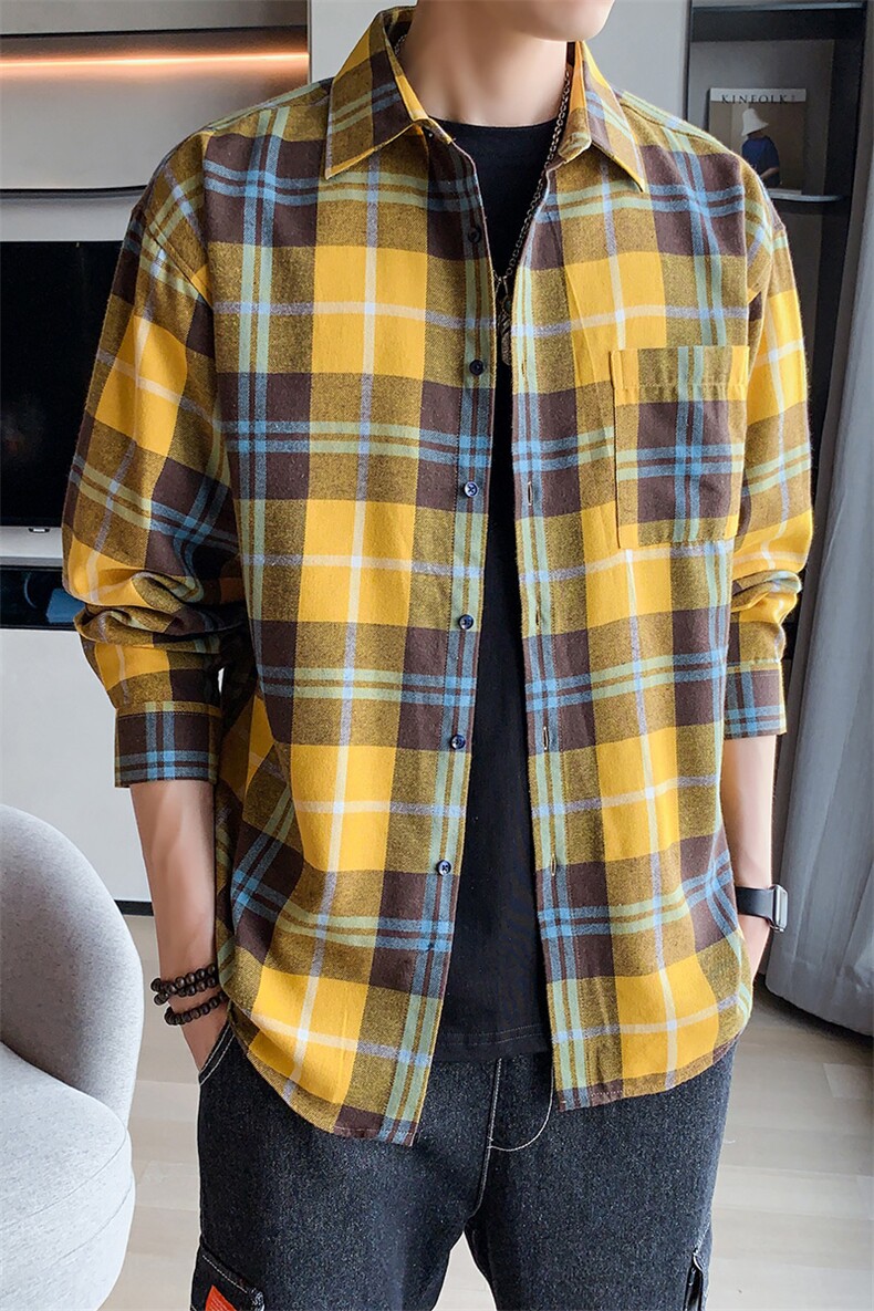 男士春秋格子衬衫长袖休闲潮流衬衣外套男上衣服DF10T,男装衬衫,电商A102