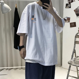 T98情侣休闲圆领宽松T恤五分袖半截袖TEE男女潮幸运遇见印花大码图片