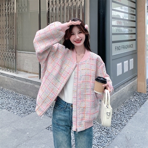 名媛小香风棒球服外套女春秋超火好看独特漂亮高级粉色短夹克上衣图片