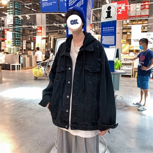 2025秋百搭大码男士破洞连帽牛仔夹克男女宽松百搭外套JK556-P75图片