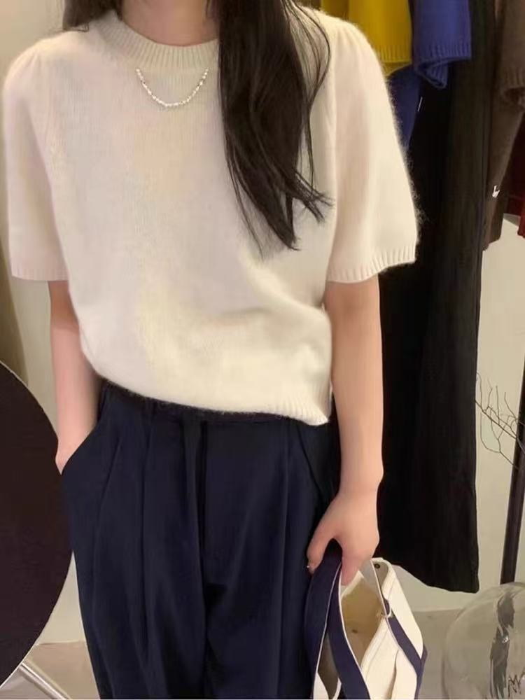 新款圆领休闲针织开衫女夏季宽松高级感显瘦短袖t恤图片