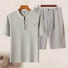 长期货夏装男士风亚麻短袖套装中老年爸爸装亚麻盘扣套装，男装T恤，钱塘723