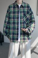 衬衫男秋季新款港风宽松大码磨毛格子扎染长袖衬衣CS507-P35，男装衬衫，星座214-3