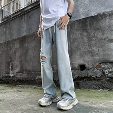 拖地微喇破洞破洞牛仔裤男潮牌嘻哈乞丐阔腿裤子高街长裤子N818，男装牛仔裤，星座1116A-1（原606A）