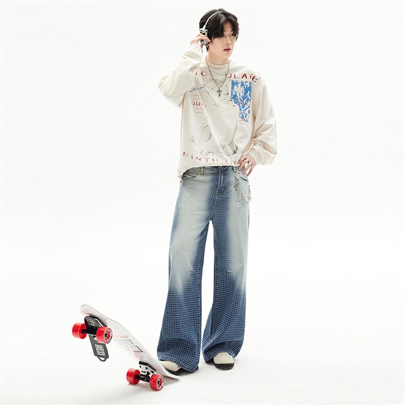 嘻哈美式渐变宽松阔腿格子裤男女潮牌vibe设计感牛仔裤YD9086-P80,男装牛仔裤,星座509