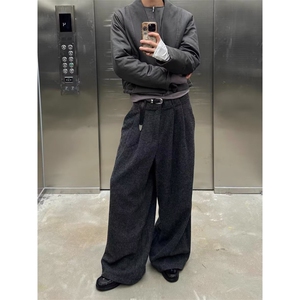 新款复古人字纹粗纺羊毛呢西裤廓尔喀巴黎扣高腰阔腿裤LB0600-P58